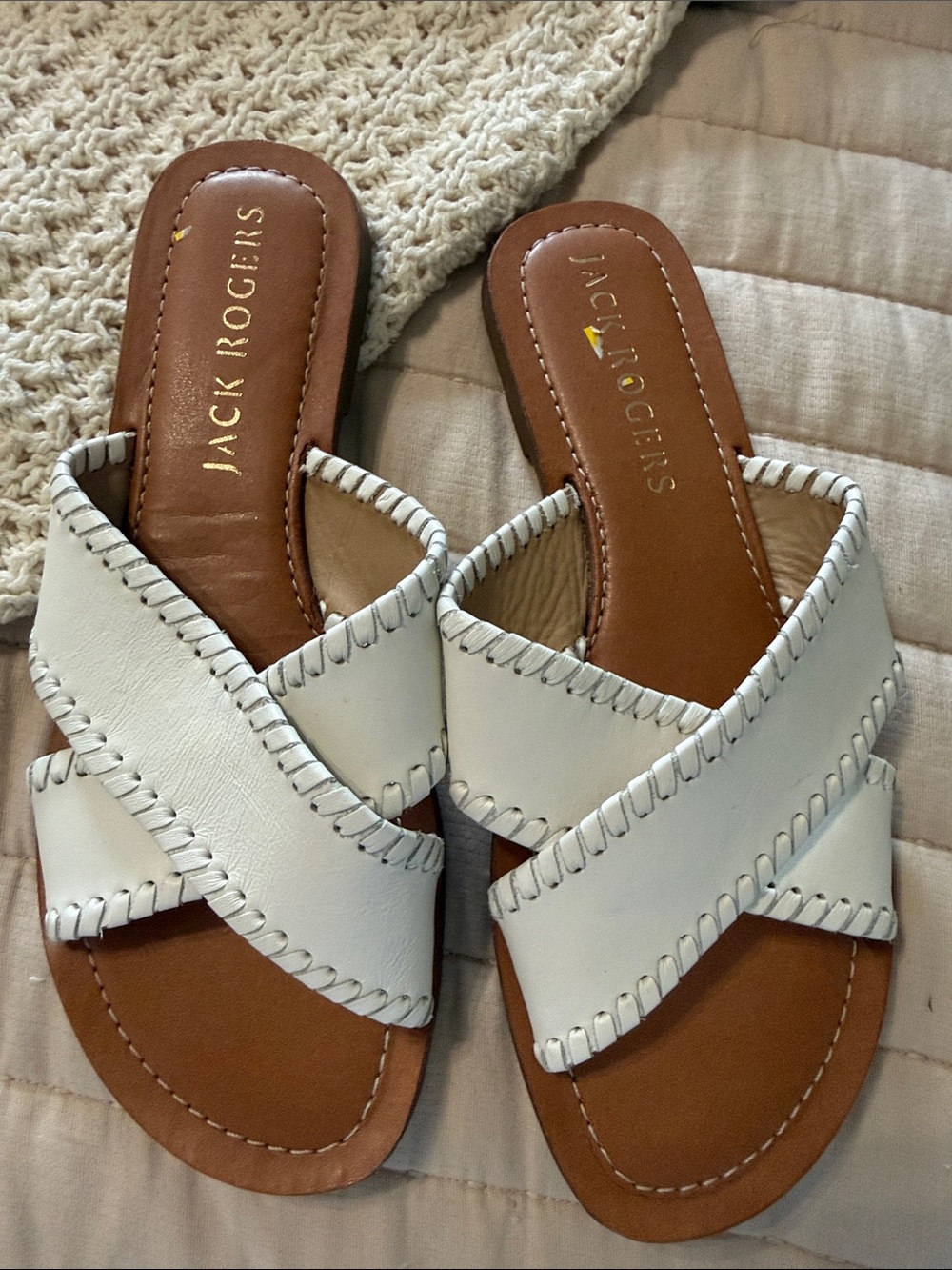 Jack Rogers White Leather Crisscross Leather Slide Sandals